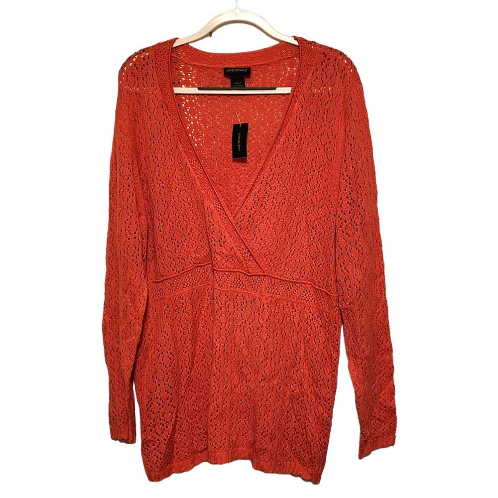 Lane Bryant Sweater V-Neck Open Knit Long Sleeves Orange Size 18/20